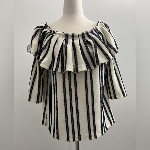 Banana Republic Ruffled Stripe Off the Shoulder Blouse - Black and Cream - Picture 1 of 6